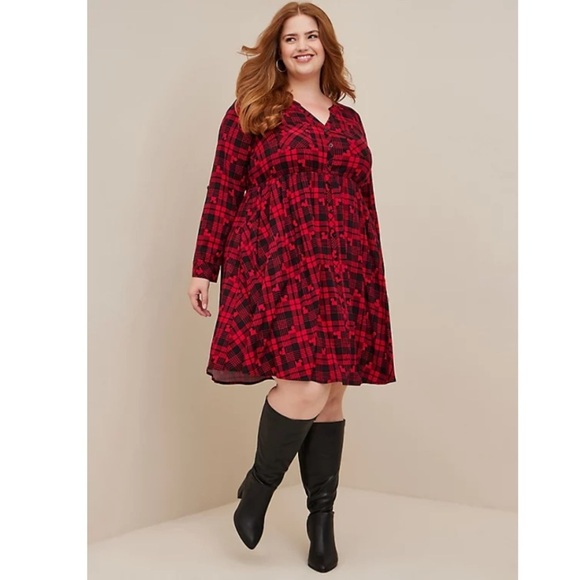 TORRID NWT DISNEY MICKEY MOUSE RED & BLACK PLAID BUTTON FRONT SHIRT DRESS - Picture 2 of 7